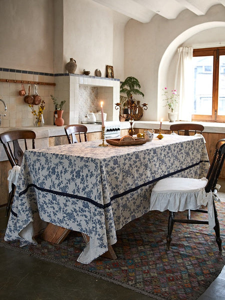 Extra Large Vintage Rectangle Tablecloth for Dining Room Table, Rustic Farmhouse Table Cover for Kitchen, French Flower Pattern Tablecloth for Round Table-LargePaintingArt.com