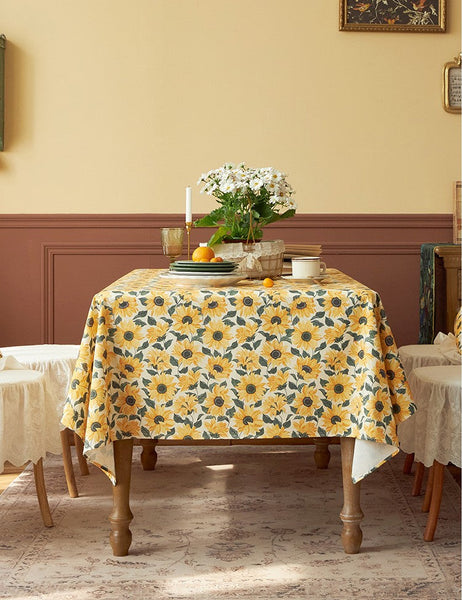 Modern Rectangle Tablecloth for Dining Room Table, Yellow Sunflower Pattern Farmhouse Table Cloth, Square Tablecloth for Round Table-LargePaintingArt.com