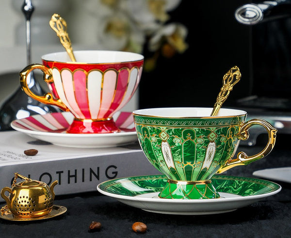 Elegant Ceramic Coffee Cups, Beautiful British Tea Cup with Saucer, 8 Ounce Porcelain Tea Cup Saucer Set of 2 Cups, Unique Tea Cup and Saucer in Gift Box as Birthday Gift-LargePaintingArt.com