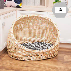 Natural Wicker Cat House Basket with Washable Cushion for Indoor Cats and Dogs, Hand woven Rattan Cat Bed-LargePaintingArt.com
