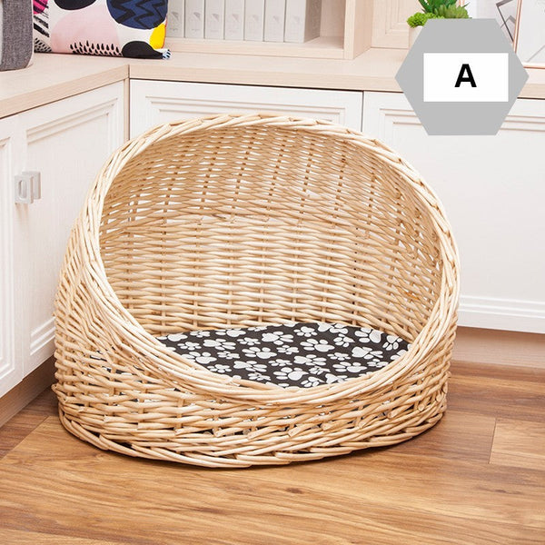 Natural Wicker Cat House Basket with Washable Cushion for Indoor Cats and Dogs, Hand woven Rattan Cat Bed-LargePaintingArt.com