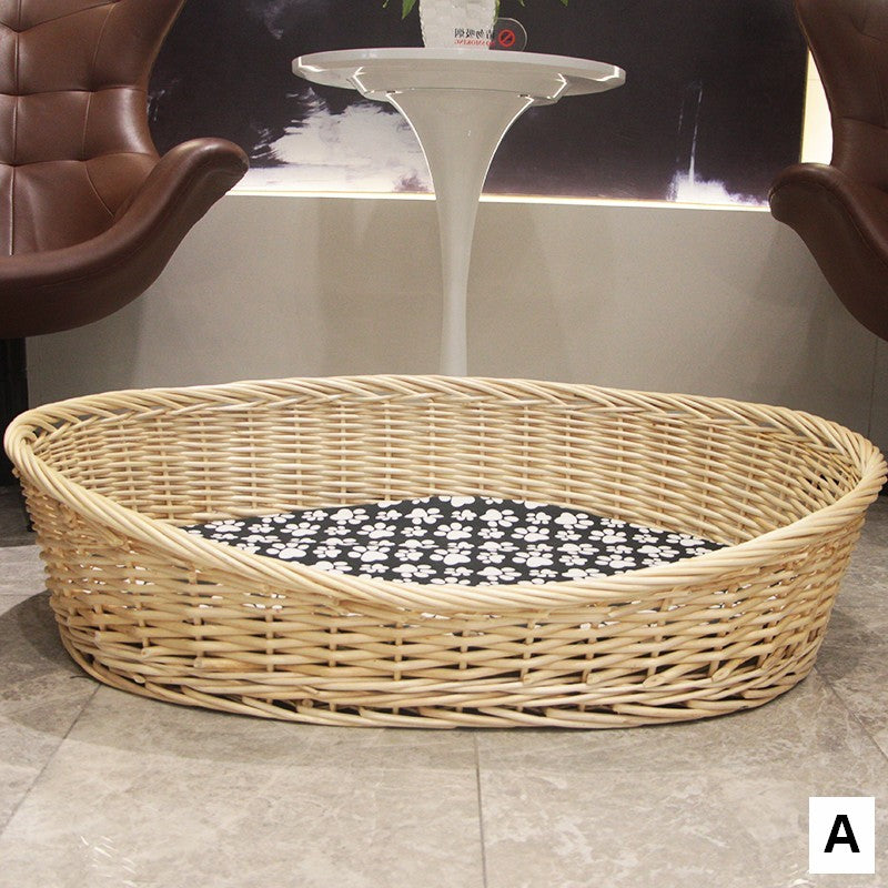 Natural Wicker Dog Bed with Washable Cushion for Indoor Cats and Dogs, Hand woven Rattan Cat Beds-LargePaintingArt.com