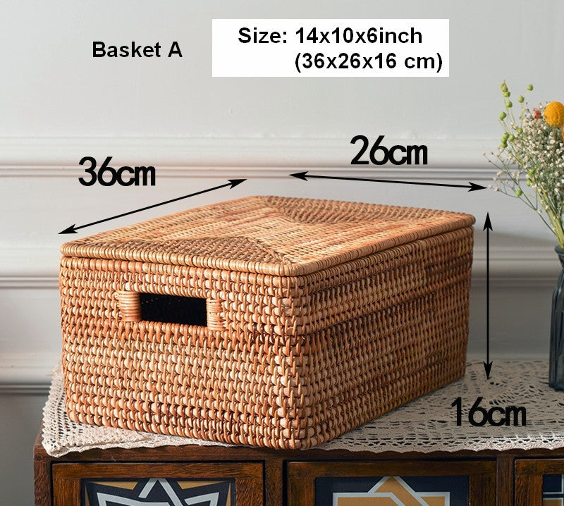Extra Large Storage Baskets for Clothes, Oversized Rectangular Storage Basket with Lid, Wicker Rattan Storage Basket for Shelves, Storage Baskets for Bedroom-LargePaintingArt.com