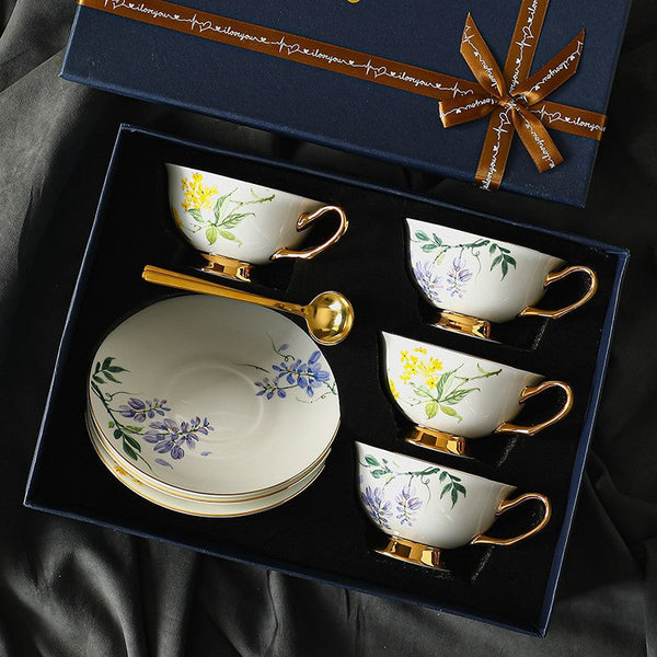 Porcelain Tea Cup Saucer Set, Unique Tea Cup and Saucer in Gift Box, 7.4 oz Floral Ceramic Coffee Cup with Saucer, Beautiful British Tea Cup and Saucer-LargePaintingArt.com