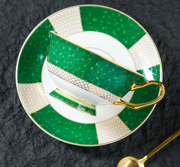 British Ceramic Tea Cup and Saucer Set, Elegant Green Coffee Cups, British Royal Tea Cup and Saucer Set in Gift Box, Porcelain Tea Cup and Saucer Set-LargePaintingArt.com