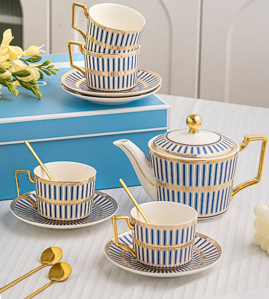 Traditional Afternoon Tea, Modern Coffee Cup with Saucer, 7.4 oz Ceramic Tea Cup and Saucer Set of 4 cups with Teapot, 7.4 oz Porcelain Tea Cup and Saucer Set, British Tea Cup Set-LargePaintingArt.com