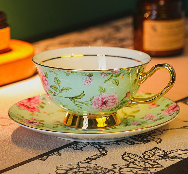 Floral Porcelain Tea Cup and Saucer Set, Afternoon British Tea Cup with Saucer, Traditional English Tea Cup and Saucer Set, Ceramic Coffee Cup with Saucer-LargePaintingArt.com