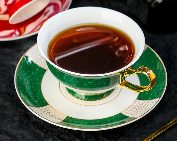 British Ceramic Tea Cup and Saucer Set, Elegant Green Coffee Cups, British Royal Tea Cup and Saucer Set in Gift Box, Porcelain Tea Cup and Saucer Set-LargePaintingArt.com