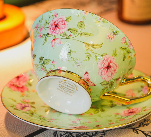 Floral Ceramic Coffee Cup with Saucer Set of 2 Cups, Creative Porcelain Tea Cup Saucer Set, 6.8 oz Tea Cup and Saucer in Gift Box, Beautiful British Tea Cup and Saucer-LargePaintingArt.com