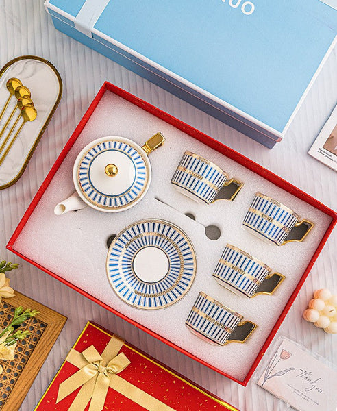 Modern Coffee Cup with Saucer, Ceramic Tea Cup and Saucer Set with Teapot, 7.4 oz Porcelain Tea Cup and Saucer Set of 4 cups, British Tea Cup Set-LargePaintingArt.com