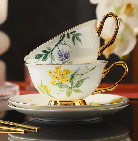 Unique Tea Cup and Saucer in Gift Box, Floral Ceramic Coffee Cup with Saucer, 7.4 oz British Tea Cup and Saucer, Porcelain Tea Cup Saucer Set-LargePaintingArt.com