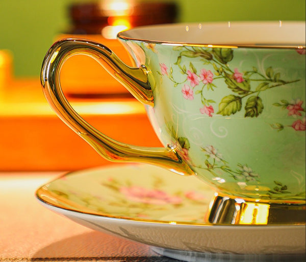 Afternoon British Tea Cup with Saucer, Floral Porcelain Tea Cup and Saucer Set, Traditional English Tea Cup and Saucer Set, Ceramic Coffee Cup with Saucer-LargePaintingArt.com