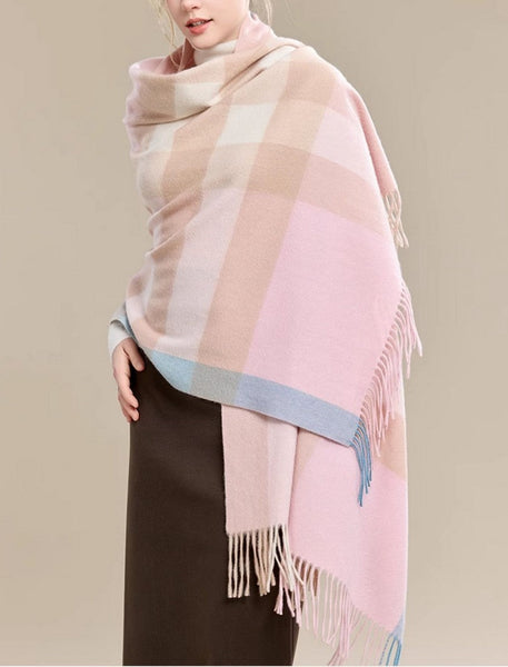 Large Wool Scarf, Soft Wool Scarf for Women, Checkered Fashion Scarf, Winter Shawl, Elegant Shawl, Warm Cape, Gifts for Her, Evening Wrap, Christmas Gift-LargePaintingArt.com