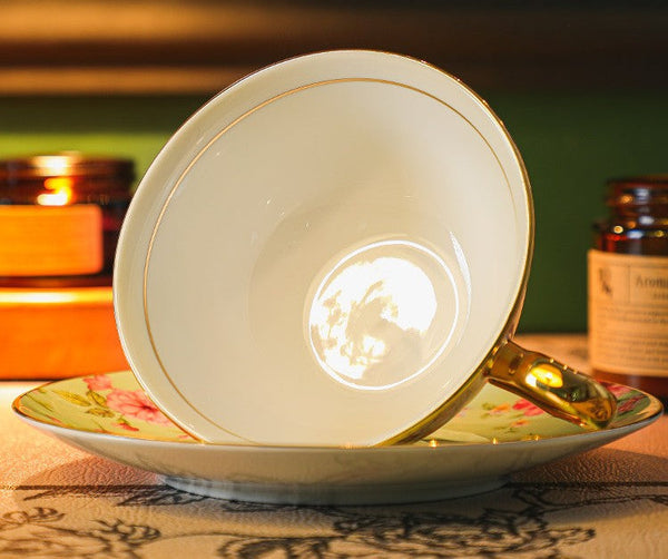 Afternoon British Tea Cup with Saucer, Floral Porcelain Tea Cup and Saucer Set, Traditional English Tea Cup and Saucer Set, Ceramic Coffee Cup with Saucer-LargePaintingArt.com