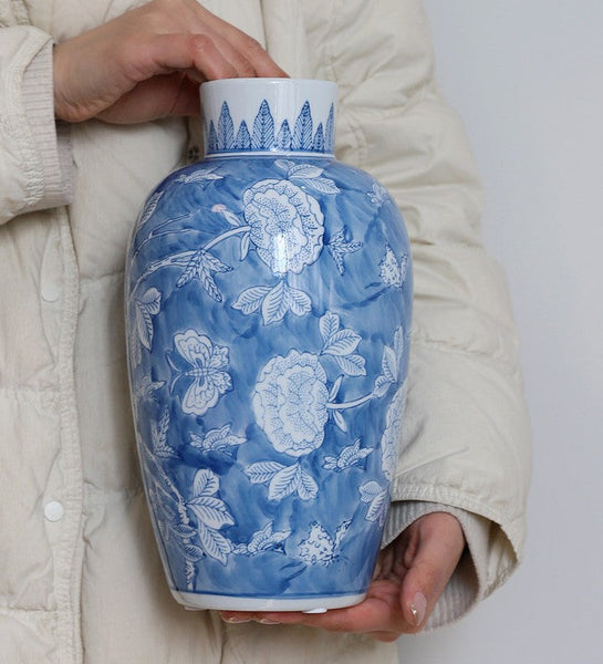 Centerpiece Ceramic Bouquet Vases, Handmade Modern Flower Vase, Large Flower Vases on Dining Table, Blue Porcelain Flower Vases-LargePaintingArt.com