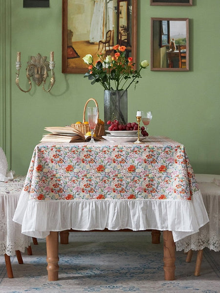 Extra Large Rectangle Tablecloth for Dining Room Table, Natural Spring Flower Farmhouse Table Cloth, Flower Pattern Cotton Tablecloth, Square Tablecloth for Round Table-LargePaintingArt.com