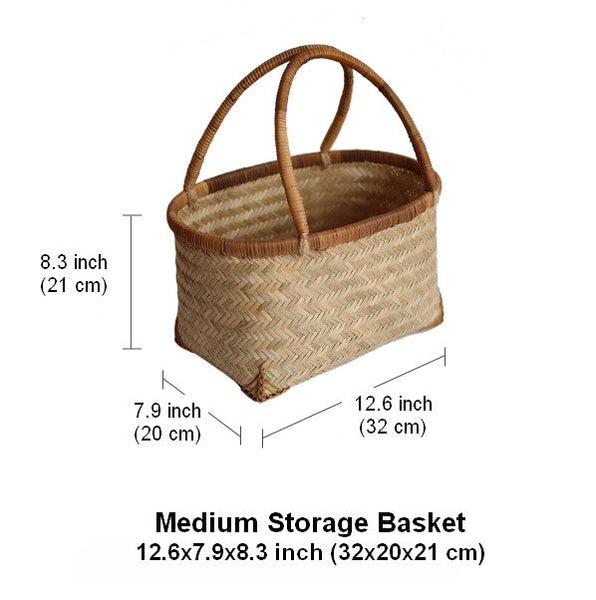 Storage Basket with Handle, Large Kitchen Storage Baskets, Natural Hand-woven Bamboo Storage Basket, Lovely Bamboo Weaving Baskets for Vegetable, Picnic Fruit Storage Baskets