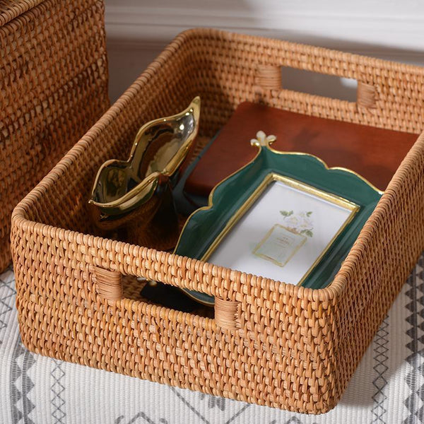 Rectangular Storage Basket with Lid, Rattan Storage Baskets for Clothes, Kitchen Storage Baskets, Oversized Storage Baskets for Living Room-LargePaintingArt.com