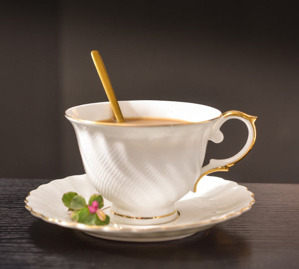 White Porcelain Tea Cup Saucer Set, 8 oz British Tea Cup and Saucer in Gift Box, Unique British Ceramic Coffee Cups for Traditional Afternoon Tea-LargePaintingArt.com