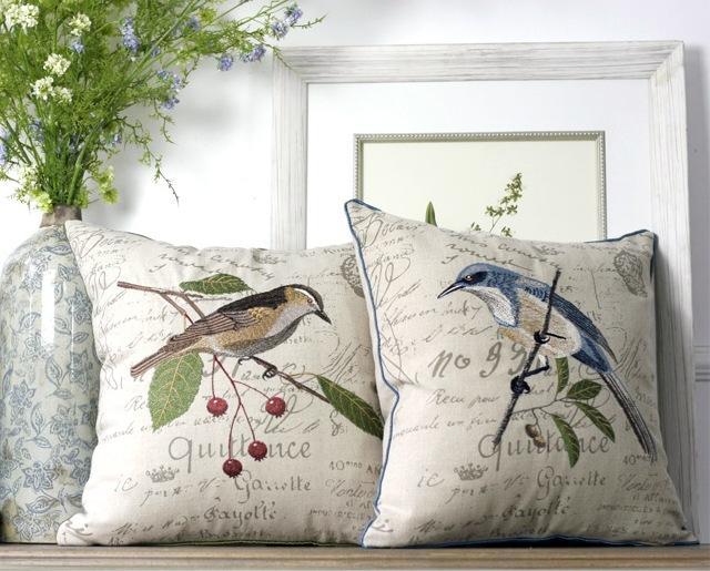 Rustic Sofa Throw Pillows, Decorative Throw Pillows For Couch, Bird Embroidery Pillows, Cotton Linen