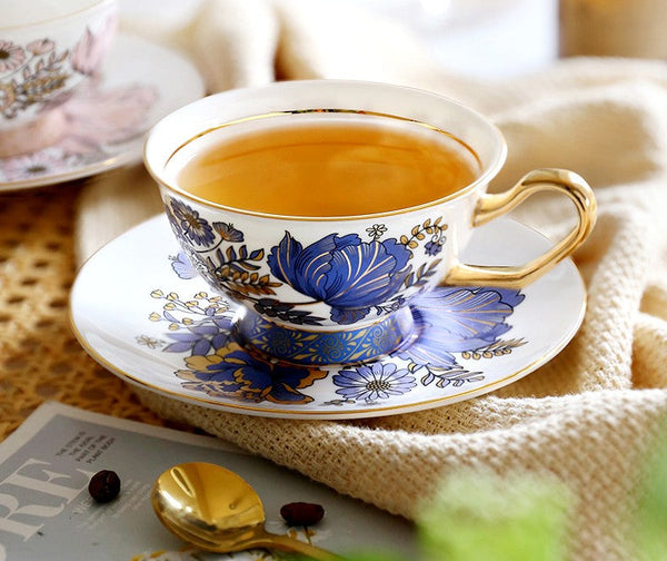 Elegant Ceramic Coffee Cups, Afternoon British Tea Cups, Unique Iris Flower Tea Cups and Saucers in Gift Box, Royal Bone China Porcelain Tea Cup Set-LargePaintingArt.com