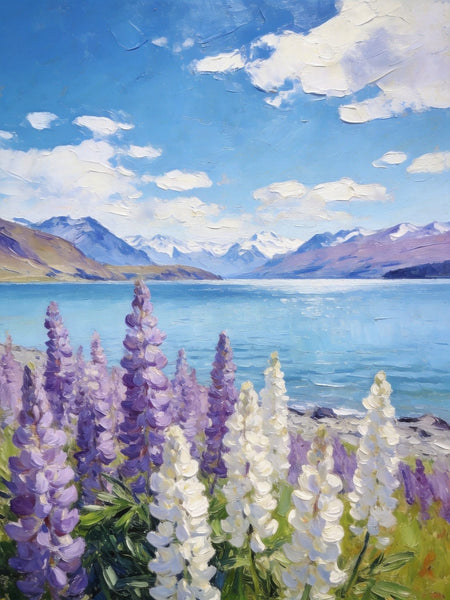Lupines in Full Bloom by the Lake, Hand Painted Canvas Art, Small Oil Paintings, Original Canvas Paintings, Landscape Paintings for Bedroom, Buy Paintings Online-LargePaintingArt.com