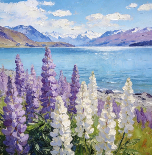 Lupines in Full Bloom by the Lake, Hand Painted Canvas Art, Small Oil Paintings, Original Canvas Paintings, Landscape Paintings for Bedroom, Buy Paintings Online-LargePaintingArt.com
