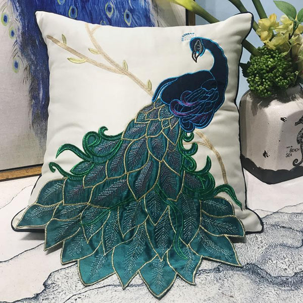 Beautiful Decorative Throw Pillows, Embroider Peacock Cotton and linen Pillow Cover, Decorative Sofa Pillows, Decorative Pillows for Couch-LargePaintingArt.com