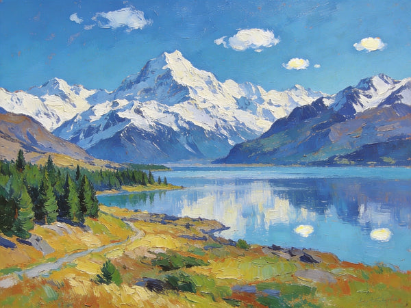 South Island Lakes of New Zealand, Hand Painted Canvas Art, Original Oil Paintings, Small Landscape Paintings, Hand Painted Canvas Art, Buy Original Paintings Online-LargePaintingArt.com