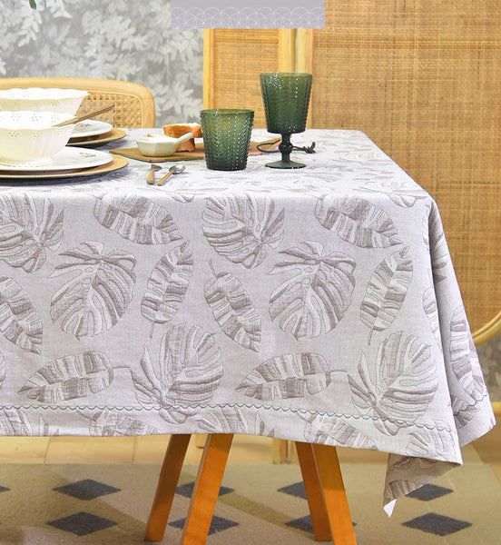 Monstera Leaf Modern Table Cloths for Kitchen, Simple Contemporary Grey Cotton Tablecloth, Large Rectangle Table Covers for Dining Room Table, Square Tablecloth for Round Table-LargePaintingArt.com
