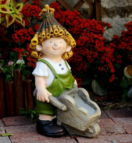 Large Boy Cart and Girl Carry Basket Statues, Flower Pot, Garden Courtyard Ornament, Gardening Ideas, House Warming Gift-LargePaintingArt.com