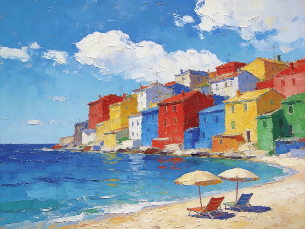 Small Landscape Paintings on Canvas, Coastal Town Charming Landscape, Landscape Canvas Paintings, Hand Painted Canvas Art, Heavy Texture Oil Paintings, Original Oil Paintings-LargePaintingArt.com