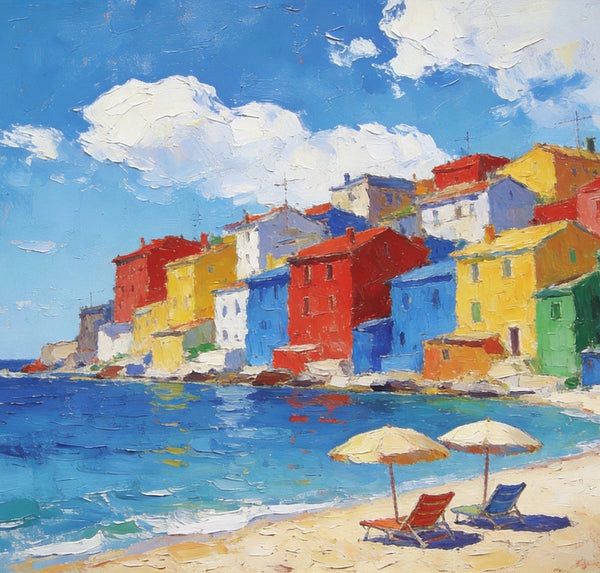 Small Landscape Paintings on Canvas, Coastal Town Charming Landscape, Landscape Canvas Paintings, Hand Painted Canvas Art, Heavy Texture Oil Paintings, Original Oil Paintings-LargePaintingArt.com