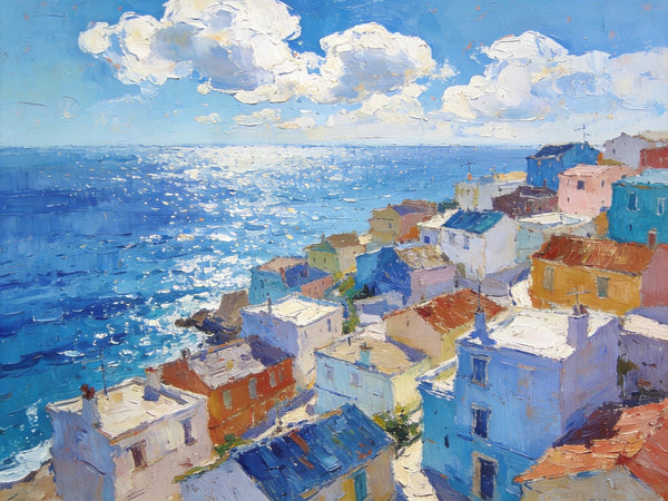 Original Landscape Paintings, Coastal Town Charm, Seashore Paintings, Hand Painted Canvas Art, Small Oil Paintings, Canvas Paintings for Living Room, Buy Paintings Online-LargePaintingArt.com