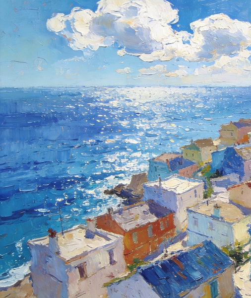 Original Landscape Paintings, Coastal Town Charm, Seashore Paintings, Hand Painted Canvas Art, Small Oil Paintings, Canvas Paintings for Living Room, Buy Paintings Online-LargePaintingArt.com