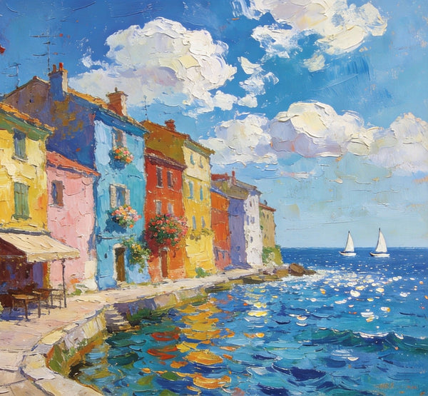 Canvas Paintings for Living Room, Coatal Town Beauty Spot, Hand Painted Canvas Art, BuyOil Paintings Online, Small Wall Art Paintings, Original Landscape Paintings-LargePaintingArt.com