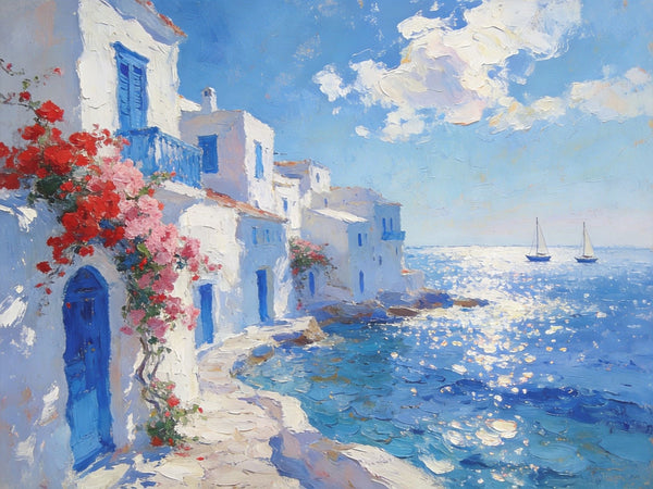Idyllic Aegean Landscape, Small Oil Paintings, Heavy Texture Artwork, Hand Painted Canvas Art, Landscape Canvas Paintings, Original Canvas Paintings-LargePaintingArt.com