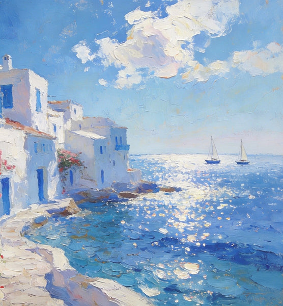 Idyllic Aegean Landscape, Small Oil Paintings, Heavy Texture Artwork, Hand Painted Canvas Art, Landscape Canvas Paintings, Original Canvas Paintings-LargePaintingArt.com