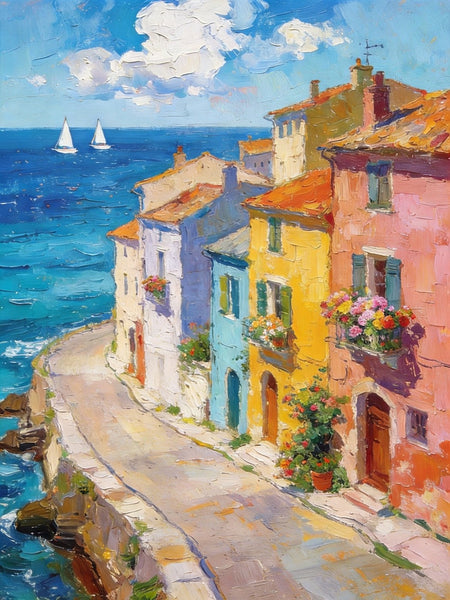 The Beauty of a Small Seaside Town, Original Landscape Art, Buy Original Paintings, Hand Painted Canvas Art, Small Paintings On Canvas, Heavy Texture Wall Art Paintings-LargePaintingArt.com
