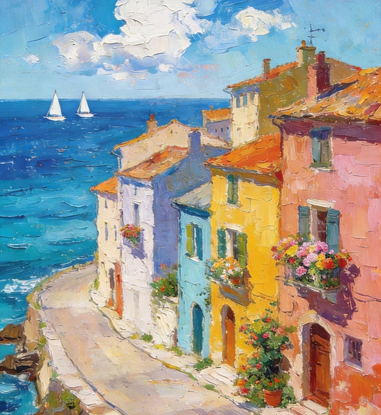 The Beauty of a Small Seaside Town, Original Landscape Art, Buy Original Paintings, Hand Painted Canvas Art, Small Paintings On Canvas, Heavy Texture Wall Art Paintings-LargePaintingArt.com