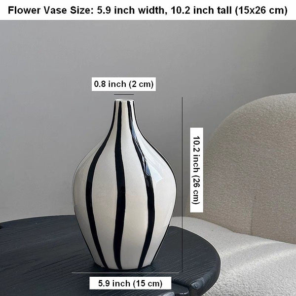 Water Holding Flower Vases, Black and White Striped Ceramic Vase, Porcelain Flower Vases, Modern Flower Vases on Table-LargePaintingArt.com