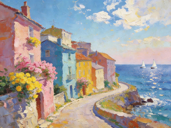 Original Landscape Paintings, Coastal Town Tranquility, Summer Resort Paintings, Hand Painted Canvas Art, Heavy Texture Artwork, Small Oil Paintings, Buy Painting Online-LargePaintingArt.com