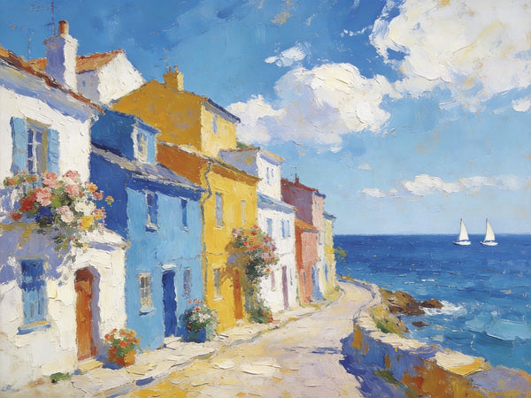 Heavy Texture Artwork, Seaside Town Serene Moment, Small Oil Paintings, Buy Painting Online, Original Landscape Paintings, Hand Painted Canvas Art-LargePaintingArt.com