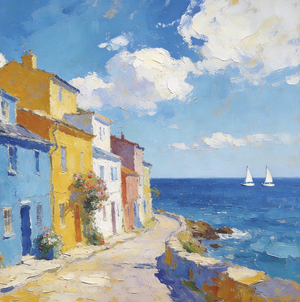 Heavy Texture Artwork, Seaside Town Serene Moment, Small Oil Paintings, Buy Painting Online, Original Landscape Paintings, Hand Painted Canvas Art-LargePaintingArt.com
