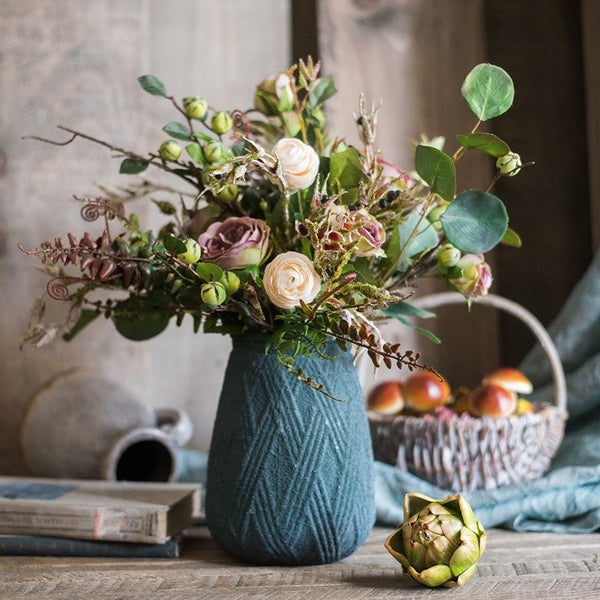 Eucalyptus leaves, Rose, Ranunculus Asiaticus Flowers, Beautiful Modern Flower Arrangement for Living Room, Ctreative Artificial Floral for Home Decoration-LargePaintingArt.com