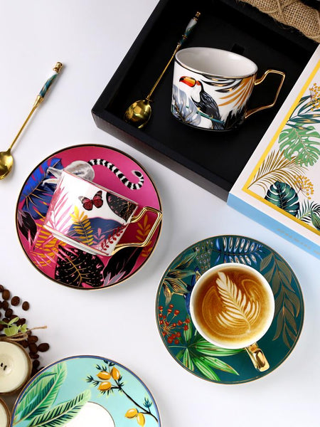 Elegant Tea Cups and Saucers, Jungle Toucan Pattern Porcelain Coffee Cups, Coffee Cups with Gold Trim and Gift Box-LargePaintingArt.com