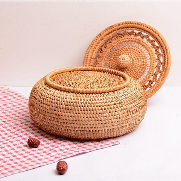 Woven Storage Basket with Lid, Lovely Rattan Round Storage Basket, Round Storage Basket for Kitchen-LargePaintingArt.com