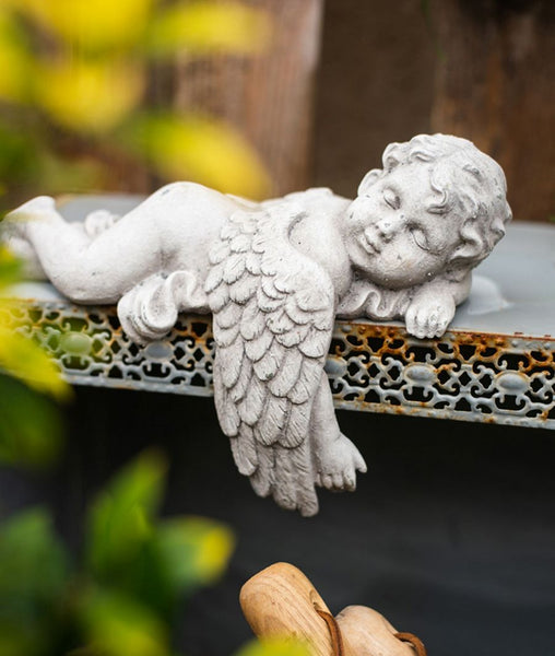 Lovely Sleeping Angel Statue for Garden, Beautiful Cute Garden Courtyard Ornaments, Unique Modern Garden Sculptures, Creative Villa Outdoor Decor Gardening Ideas-LargePaintingArt.com