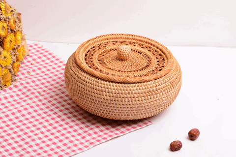 Woven Storage Basket with Lid, Rattan Round Storage Basket, Storage Basket for Kitchen, Picnic Storage Basket-LargePaintingArt.com