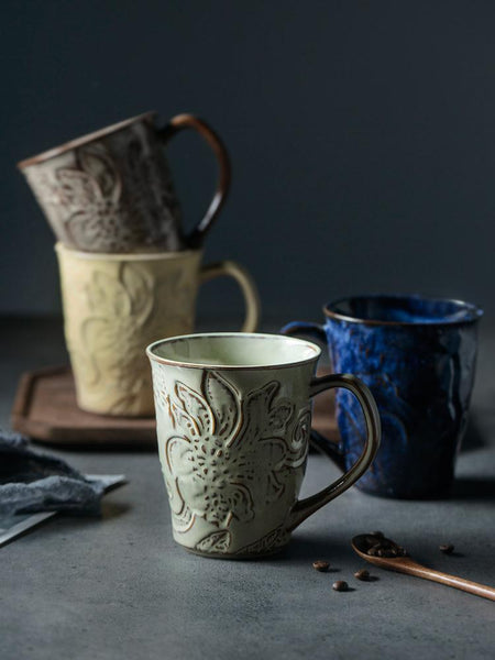 Green Ceramic Coffee Mug, Birthday Gifts, Stoneware Coffee Mugs, Handmade Pottery Coffee Mug, Large Capacity Coffee Cups-LargePaintingArt.com